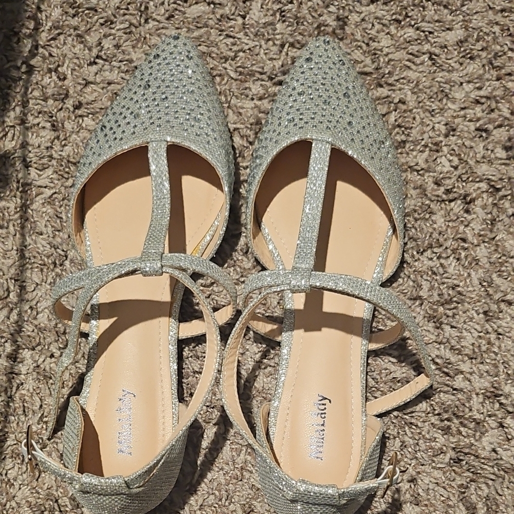 3/20❤️NWOT Silver Pointed-Toe Flats with T-Strap Design